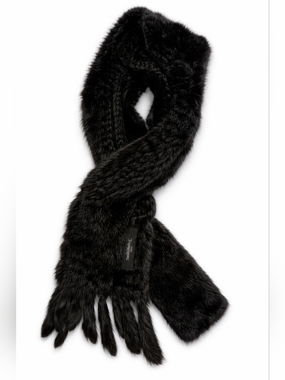 Adrienne Landau Black Fur Knit Scarf with Fringe